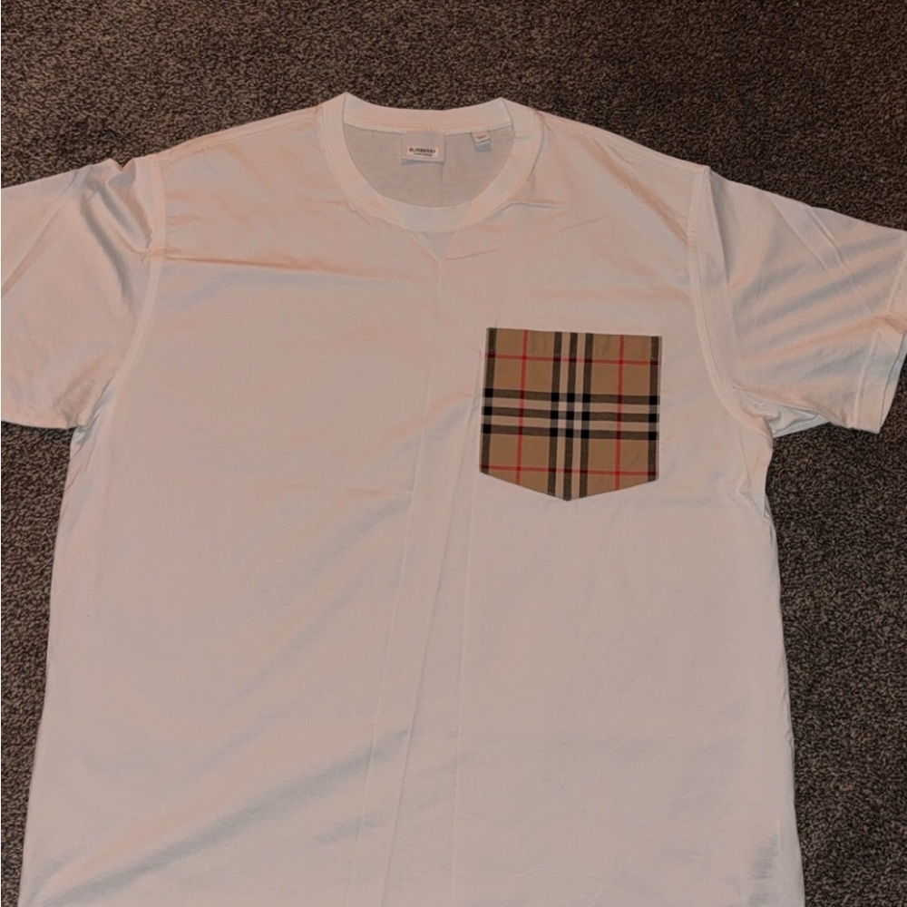 Burberry White Tee with Tan Plaid Pocket